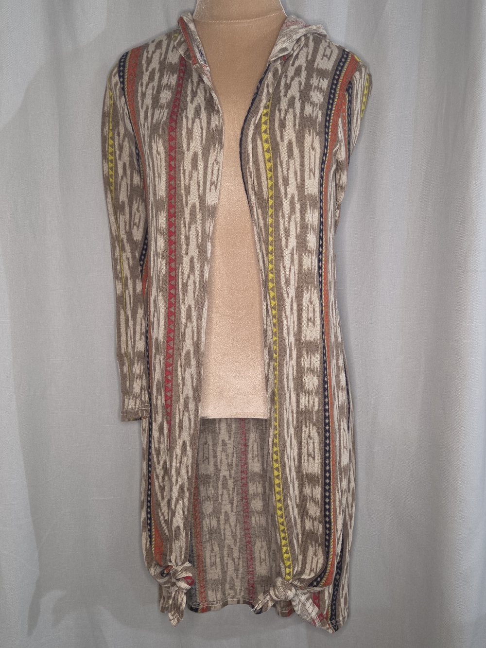 Long Hooded Knit Cardigan Sweater - Beige with Aztec Stripes By Cato Size Medium